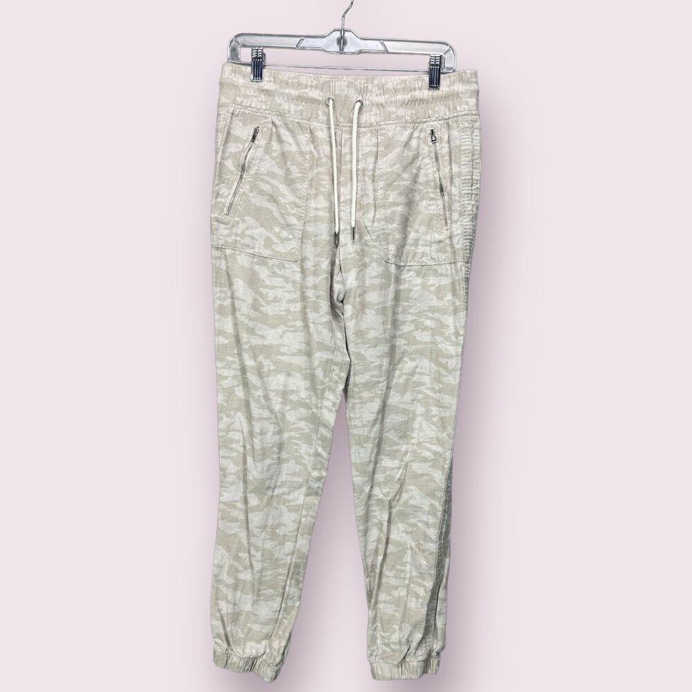 Athleta Cabo Tide Linen Jogger Size 6 Cream Beige Camo Summer Pants Tapered